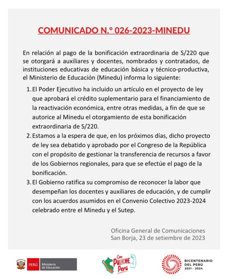 Minedu lanza comunicado sobre el bono de 220 soles que se dará al