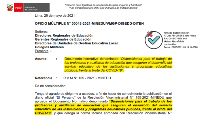 Precisiones respecto a las nuevas disposiciones OFICIO MÚLTIPLE N° 00043-2021-MINEDU