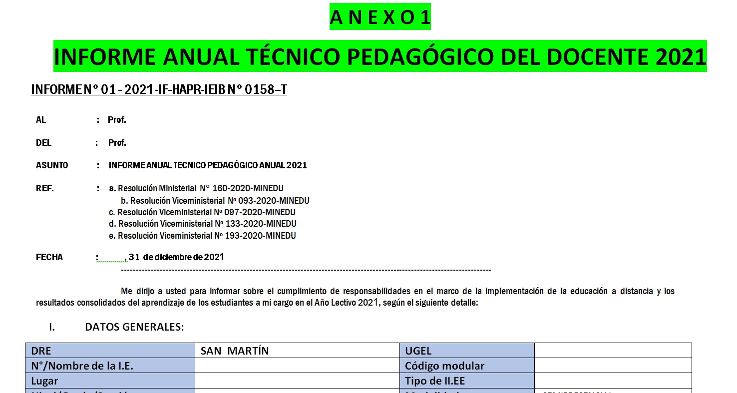 ▷ ANEXO 1: Informe anual técnico pedagógico del docente en word 31 de  Diciembre ✓