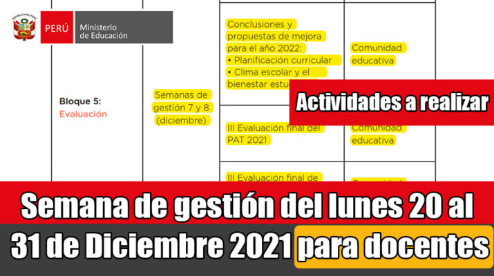 Minedu Actividades a realizar en la semana de Gestión del lunes 20 al viernes 31 de diciembre del 2021 para docentes