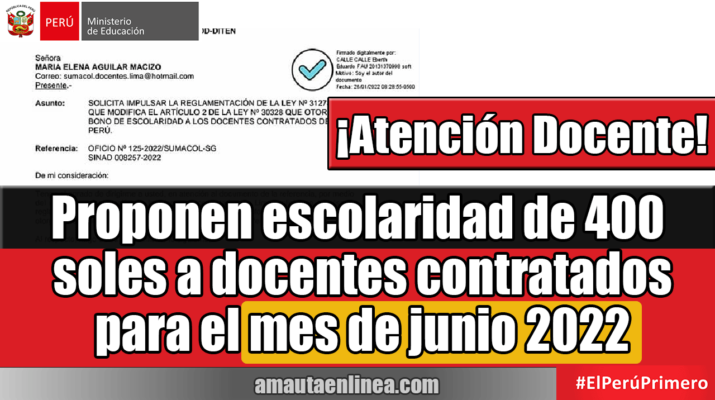 Proponen escolaridad de 400 soles a docentes contratados para el mes de junio 2022